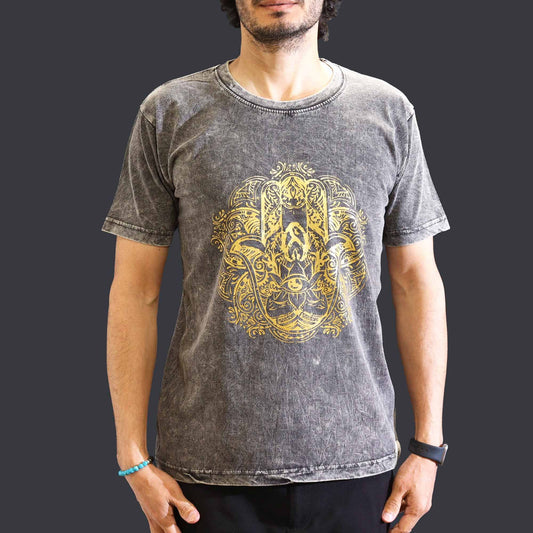 Nomad Sari Stonewashed pamut póló – Hamsa – Sötétszürke – M-es