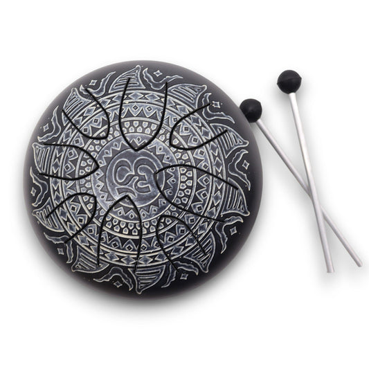 Acél nyelvű hangdobok Om Mandala gravírozással - 16 cm