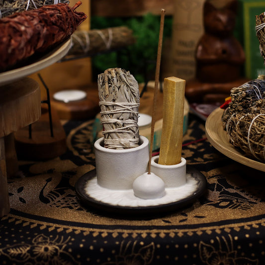 Palo Santo füstölőpálca és tartó - Mandala - Fehér és szürke