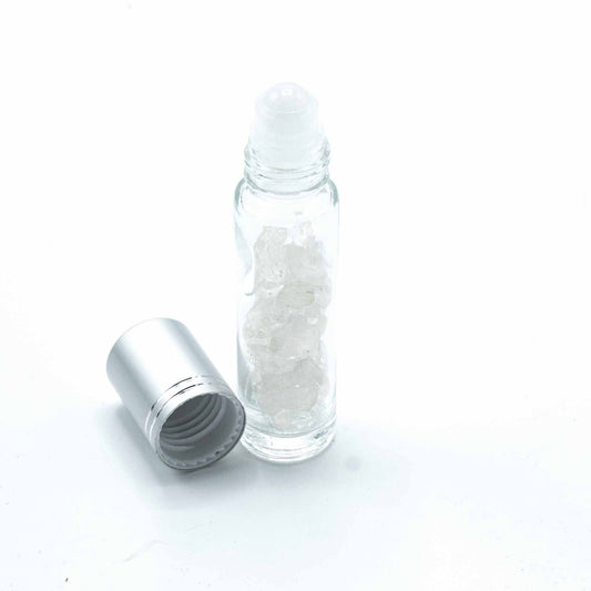 Drágakő illóolaj roll-on palack - Hegyikristály - Ezüst kupakkal + Drágakő roll-on fej 5 ml-es palackhoz - Hegyikristály