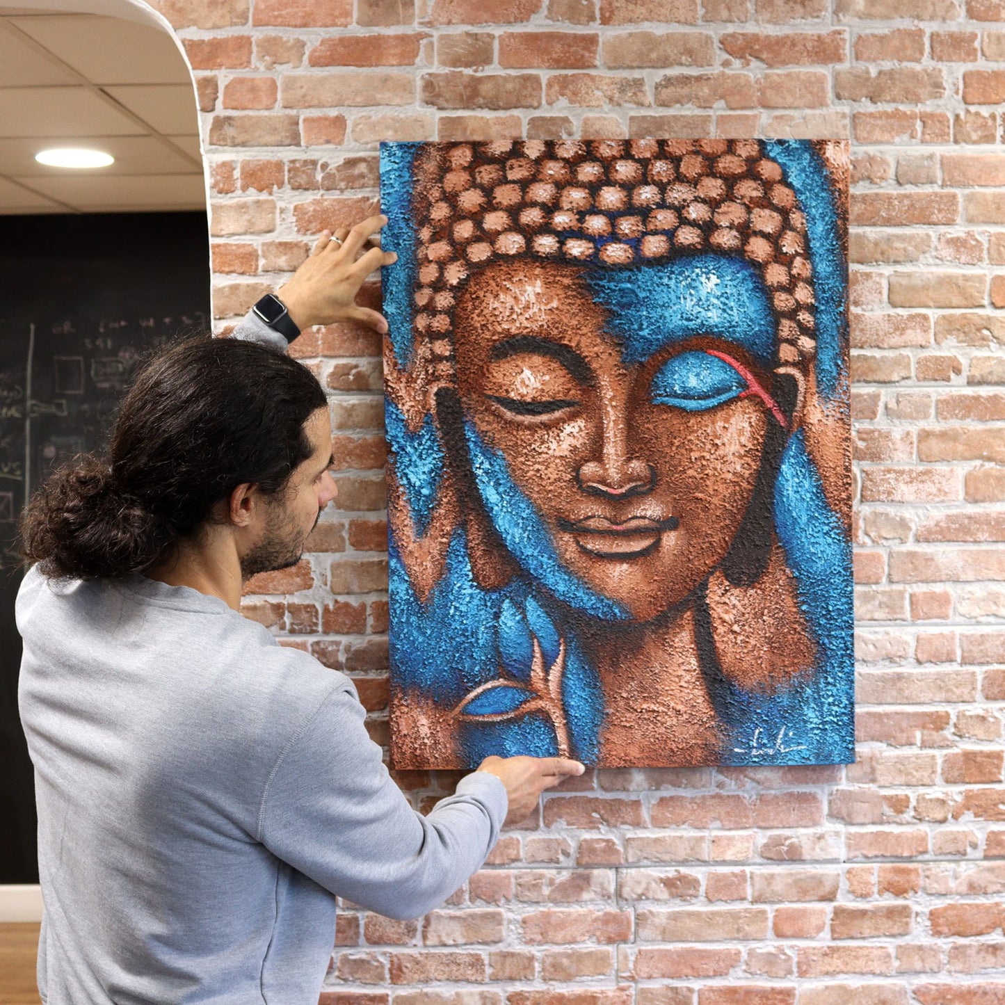 Buddha festmény – Ezüst és rozéarany virág 75x55cm