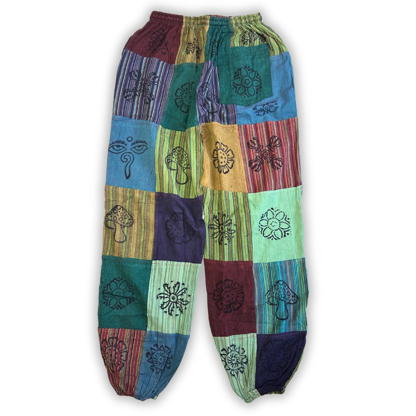 Nomad Sari Mushroom Pants - Block Print Designs - Green Tones