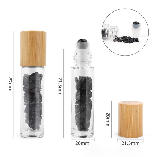 Drágakő illóolaj roll-on palack - Fekete Turmalin - Fa kupak + Drágakő roll-on golyó 5 ml-es palackhoz - Fekete Turmalin