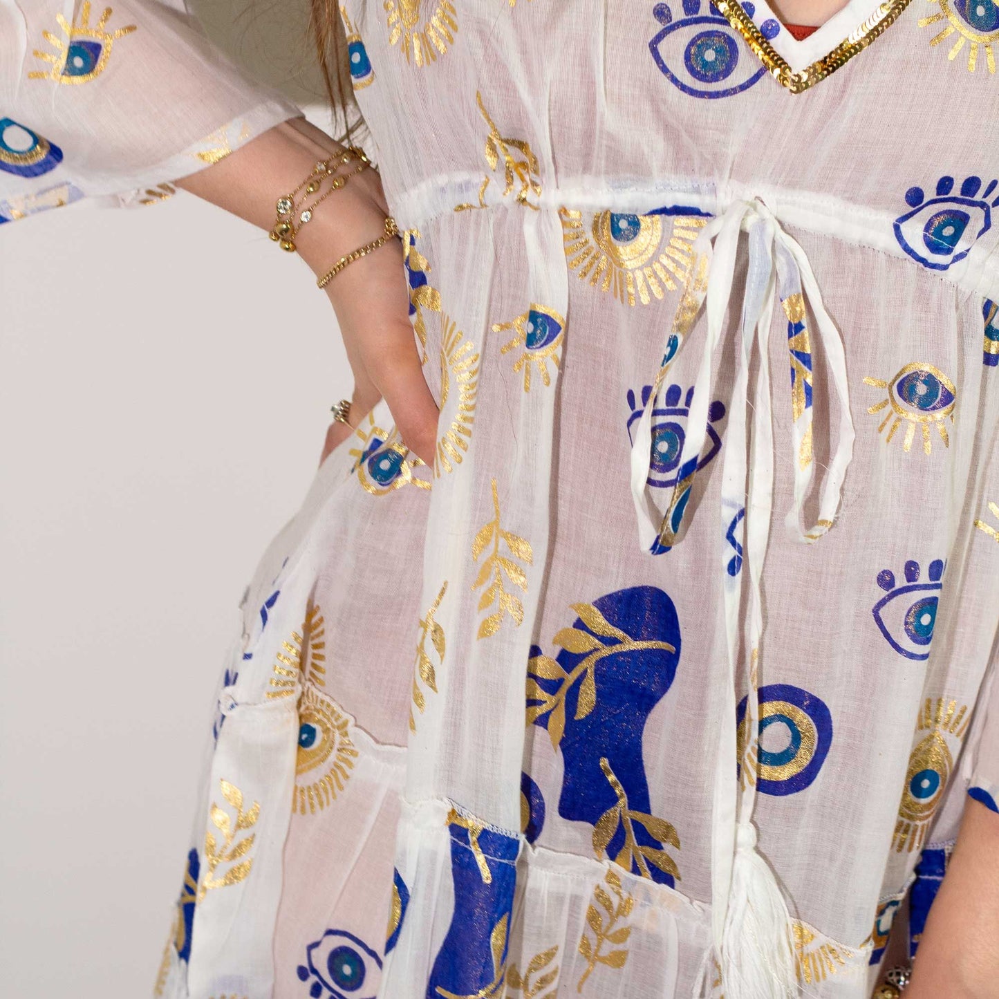 Nomad Sari On the Med Collection - Dress - White, Blue & Gold Evil Eye