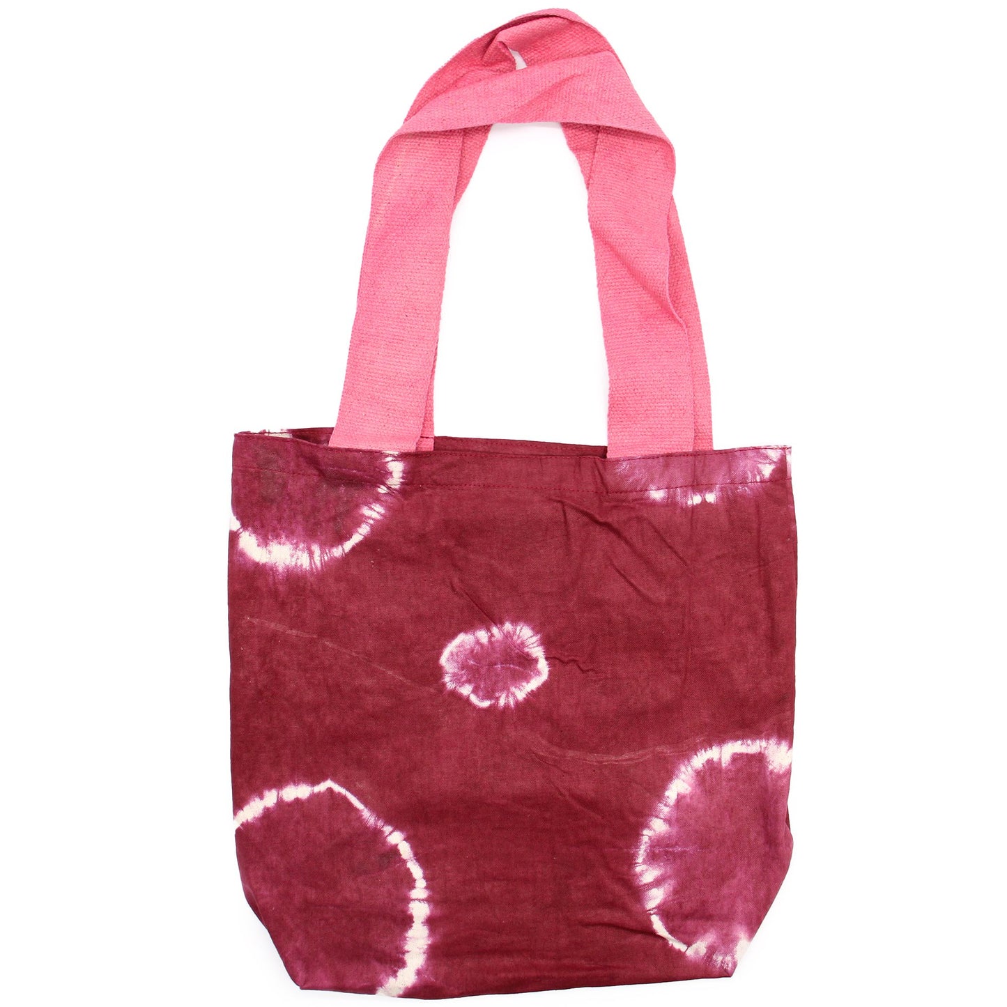 Natúr batikos pamuttáska (8oz) - 38x42x12cm - Bordó karikák - Rózsaszín fogantyú