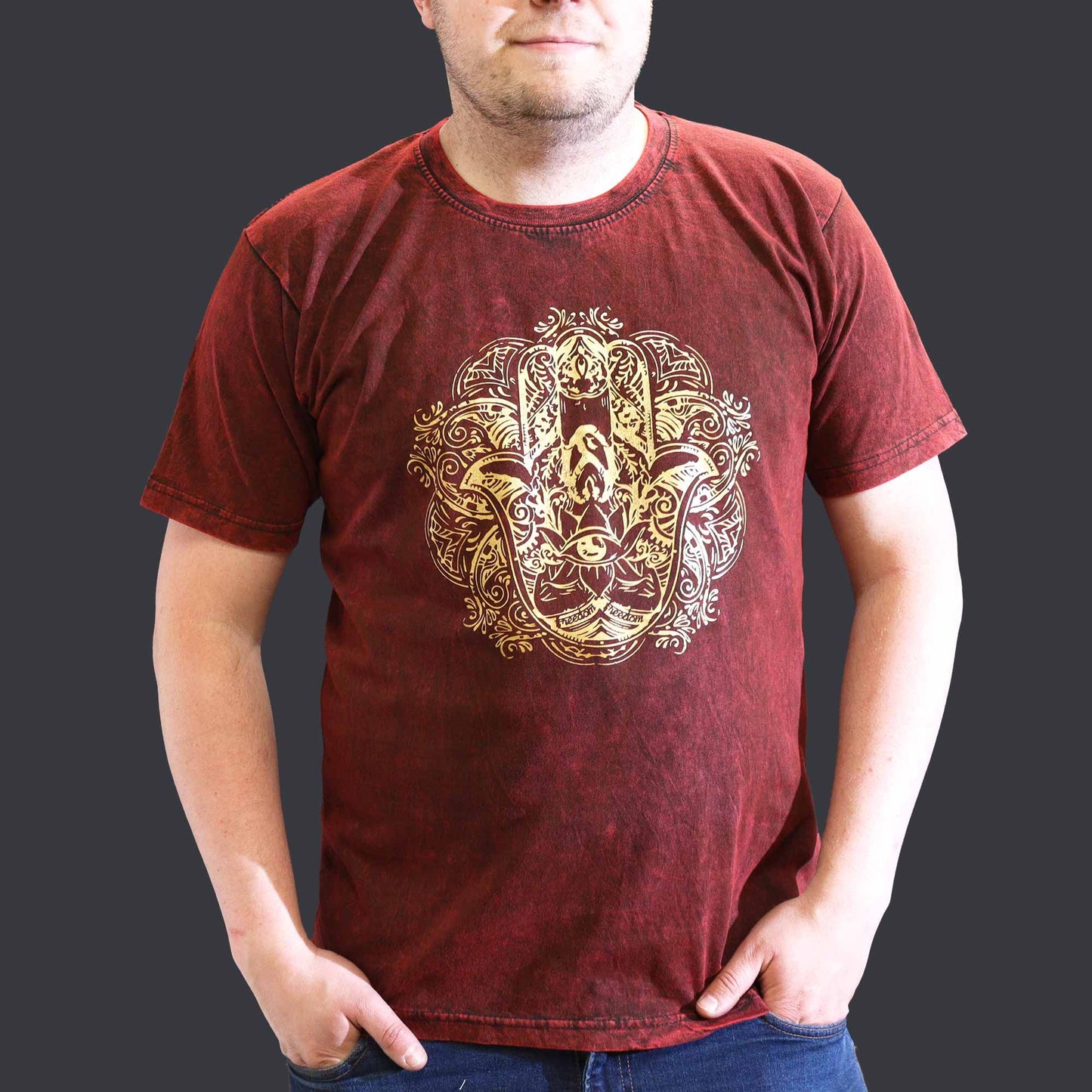 Nomád Szári Kőmosott Pamut Póló – Hamsa – Bordó – XL