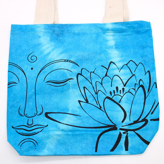 Tie-Dye Pamuttáska (170g) - 38x42x12cm - Lótusz Buddha - Kék - Natúr fogantyú