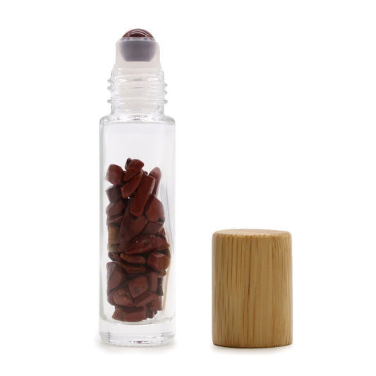 Drágakő illóolaj roll-on üveg - Vörös jáspis - Fa kupak + drágakő roll-on hegy 5 ml-es üveghez - Vörös jáspis