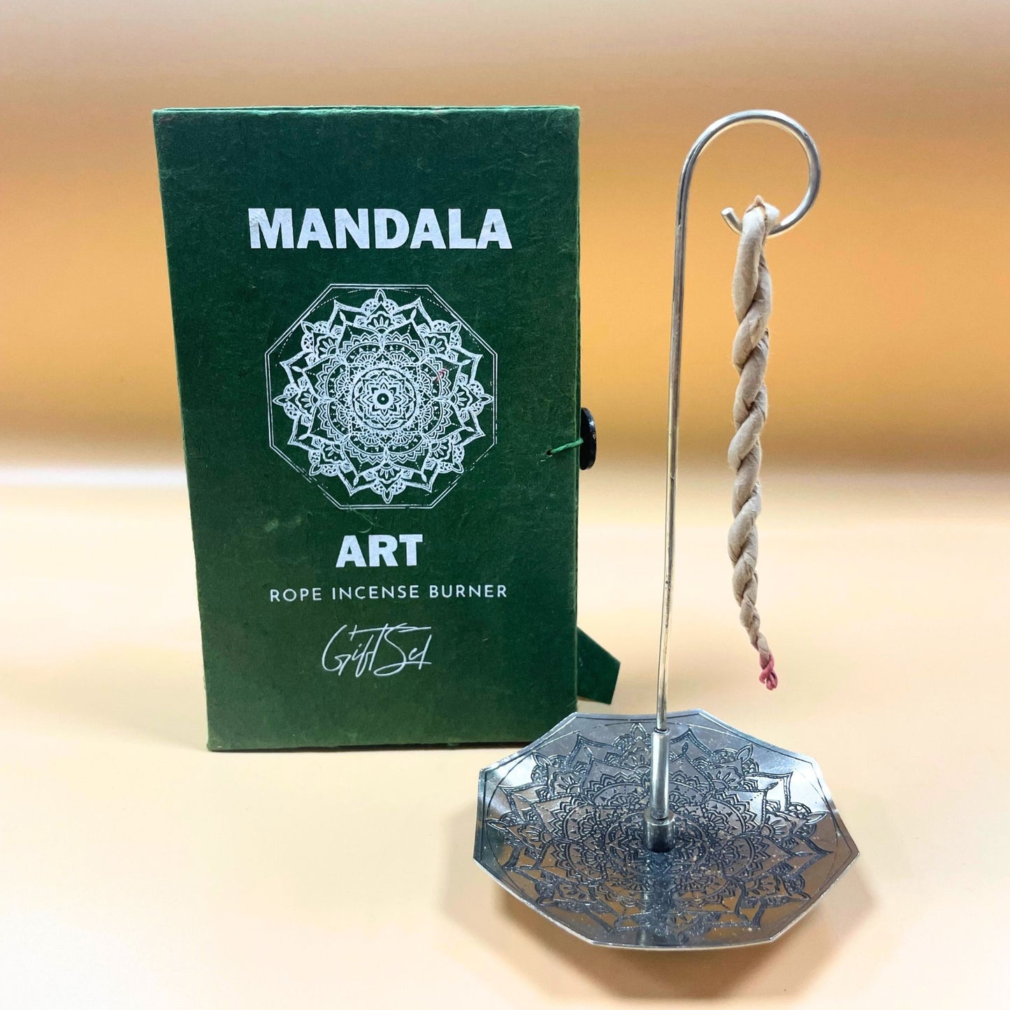 Kötélfüstölő és ezüstözött tartó szett – Mandala virág