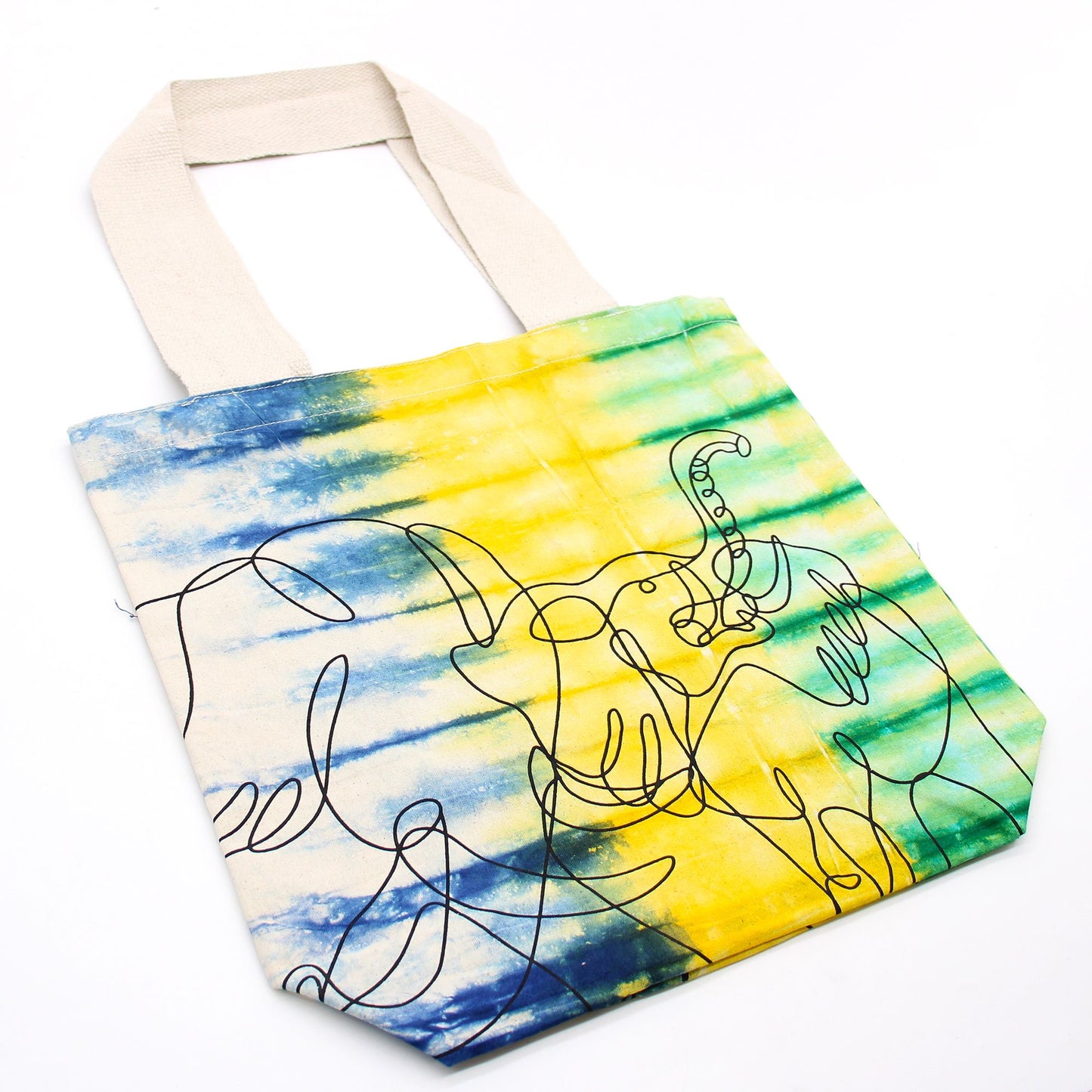 Batikolt pamuttáska (6oz) - 38x42x12cm - Elefántok - Színes - Natúr fogantyú