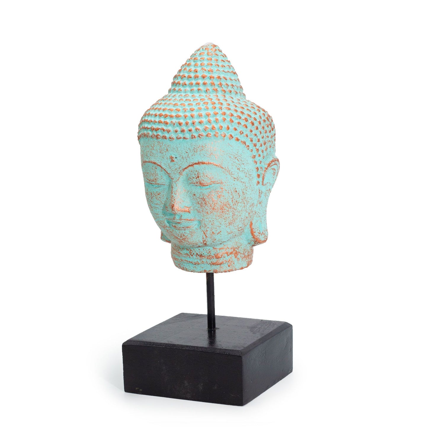 Nyugalmi Buddha fej állványon - Zöld réz