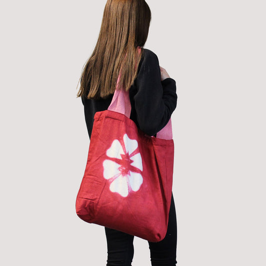 Természetes Batikolt Pamuttáska (8oz) - 38x42x12cm - Szürke Kockák - Natúr Fogantyú