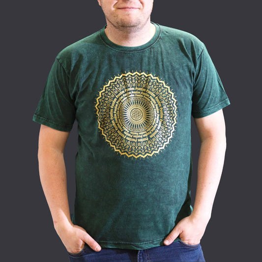 Nomad Sari kőmosott pamut póló – Mandala – Zöld – XL
