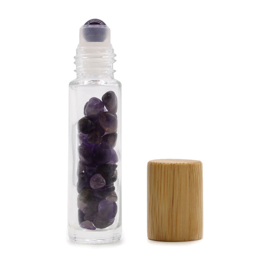Drágakő illóolaj roll-on üvegcsék - Ametiszt - Fa kupakkal + drágakő roll-on heggyel 5 ml-es üvegcsékhez - Ametiszt