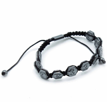 Mágneses hematit Shamballa karkötő – hatszögletű koponyák