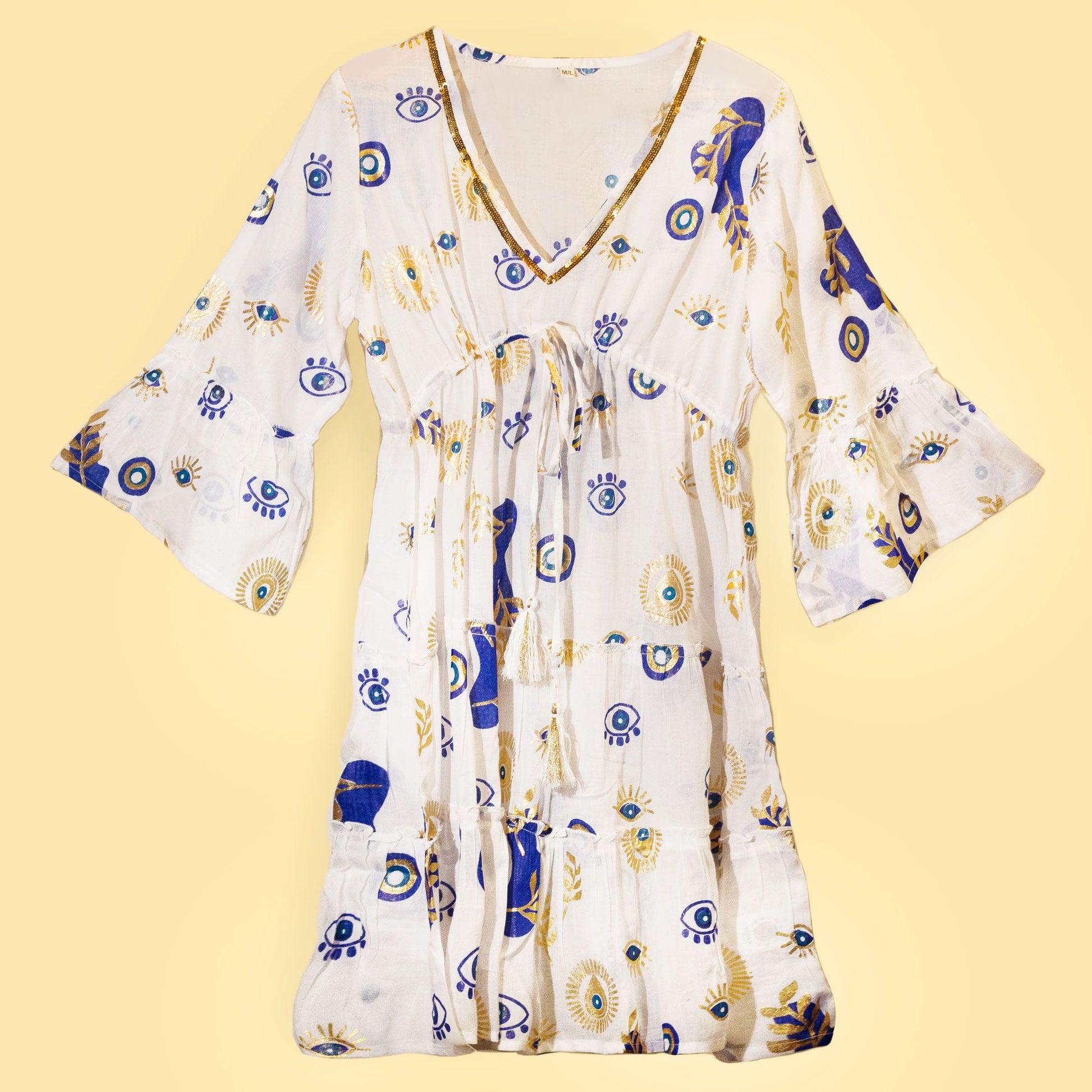Nomad Sari On the Med Collection - Dress - White, Blue & Gold Evil Eye