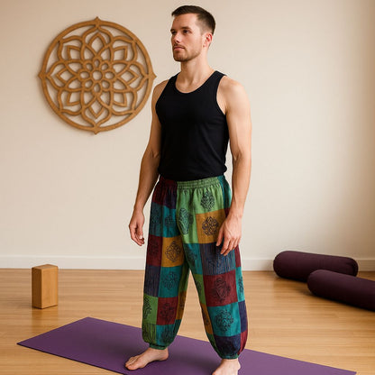 Nomad Sari Mushroom Pants - Block Print Designs - Green Tones
