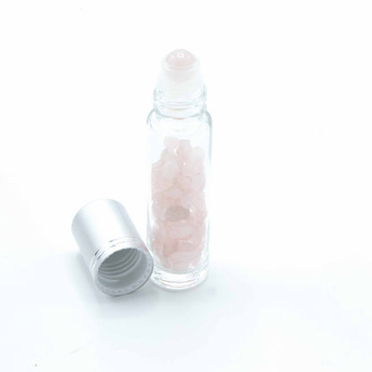 Drágakő illóolaj roll-on palack - rózsakvarc - ezüst kupak + drágakő roll-on hegy 5 ml-es palackhoz - rózsakvarc