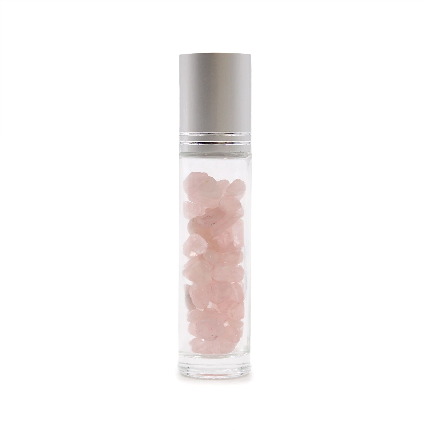 Drágakő illóolaj roll-on palack - rózsakvarc - ezüst kupak + drágakő roll-on hegy 5 ml-es palackhoz - rózsakvarc