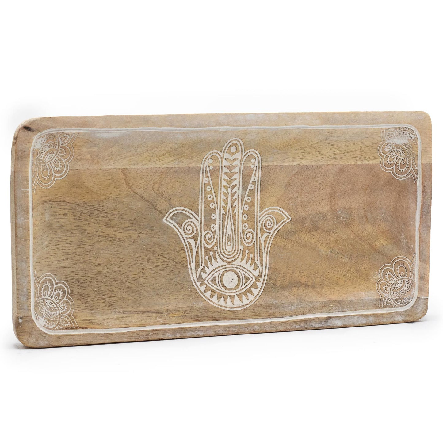 Hosszú tálca 30x15x2,5cm - Fatimai kéz motívummal, fehérre meszelve