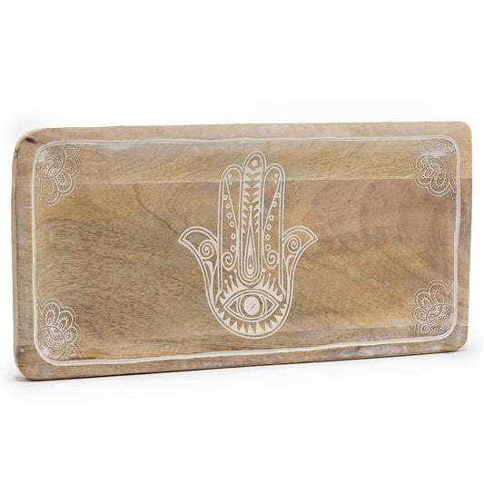 Hosszú tálca 30x15x2,5cm - Fatimai kéz motívummal, fehérre meszelve