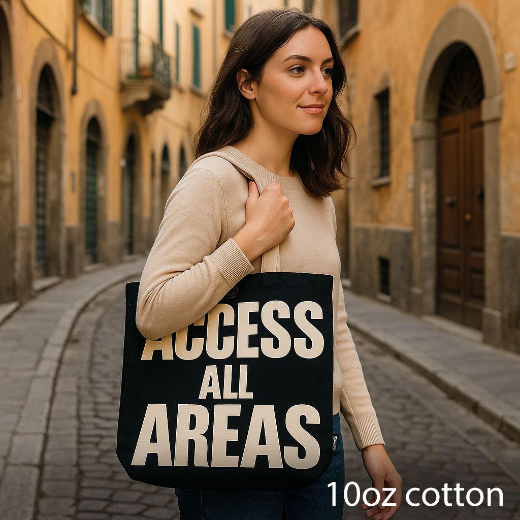 Nomad Sari Iconic Classic Tote Bag - ACCESS ALL AREAS - Black Natural 10oz