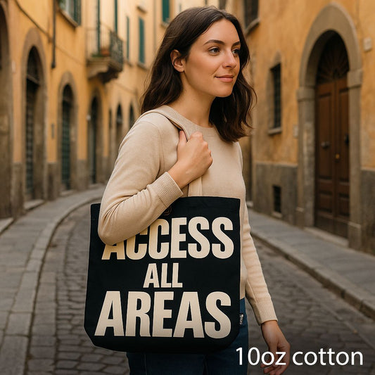 Nomad Sari Iconic Classic Tote Bag - ACCESS ALL AREAS - Black Natural 10oz