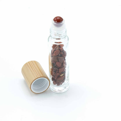 Drágakő illóolaj roll-on üveg - Vörös jáspis - Fa kupak + drágakő roll-on hegy 5 ml-es üveghez - Vörös jáspis