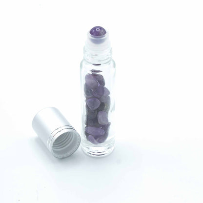 Drágakő illóolaj roll-on üveg – Ametiszt – Ezüst kupak + drágakő roll-on golyó 5 ml-es üveghez – Ametiszt