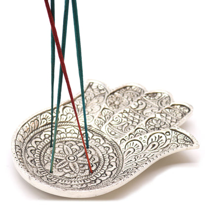 Polírozott alumínium nagyméretű hamsa füstölőtartó 18x13cm