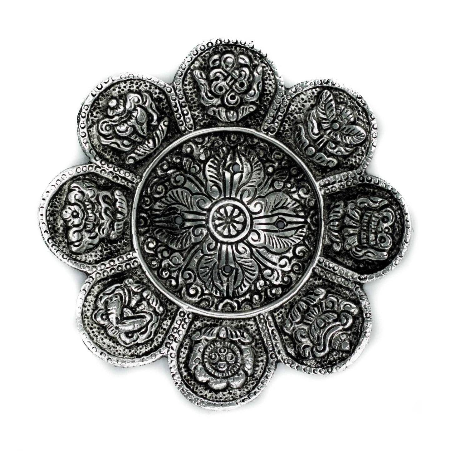 Polírozott alumínium tibeti szimbólumos füstölőtartó 12 cm