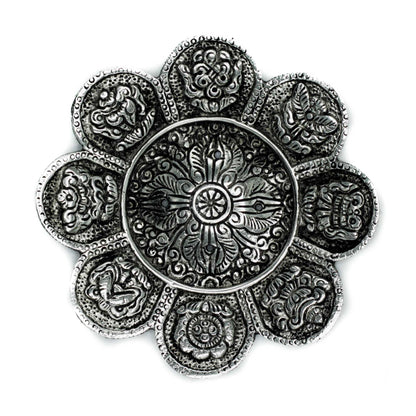 Polírozott alumínium tibeti szimbólumos füstölőtartó 12 cm