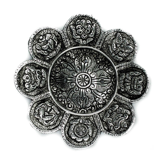 Polírozott alumínium tibeti szimbólumos füstölőtartó 12 cm