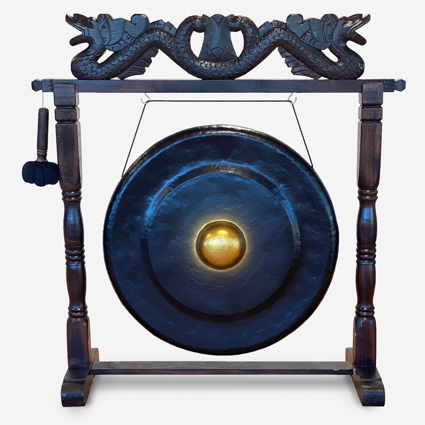 Nagy méretű gong, barna antik állványon - 80 cm - fekete