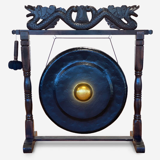 Nagy méretű gong, barna antik állványon - 80 cm - fekete