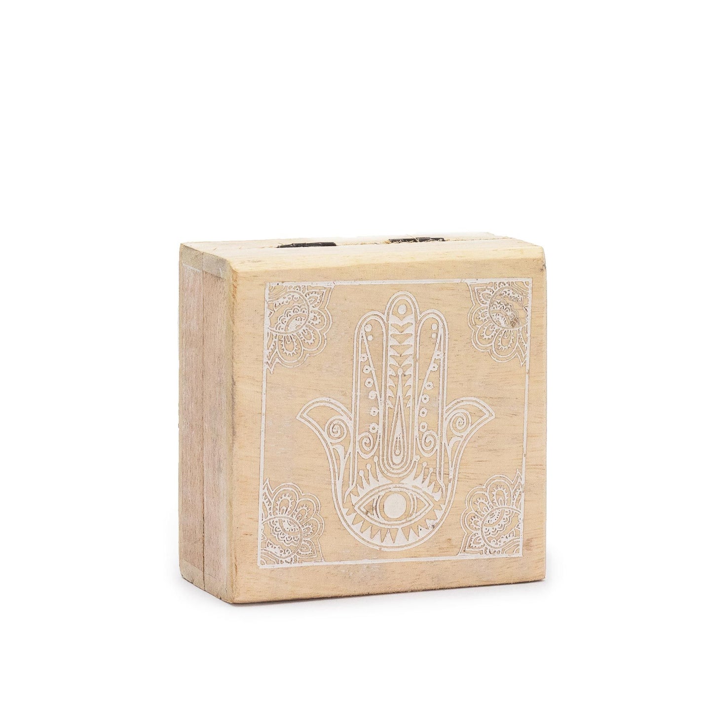 Kis négyzet alakú doboz 10x10x4,2 cm - Hamsa fehérre meszelve