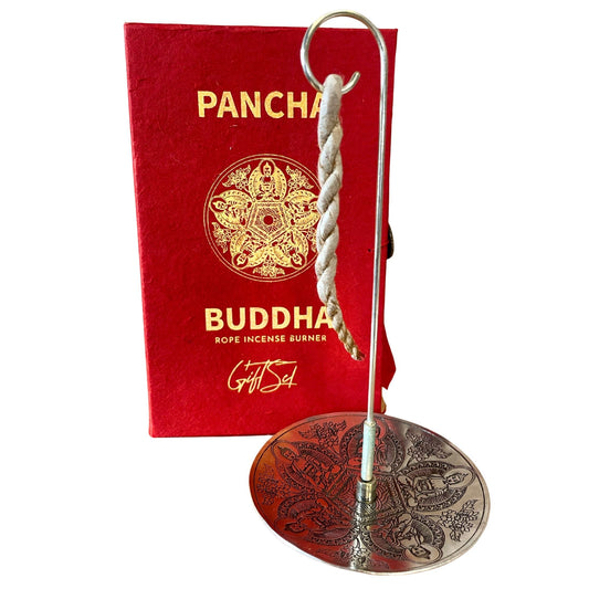 Kötélfüstölő és ezüstözött tartó szett – Pancha Buddha