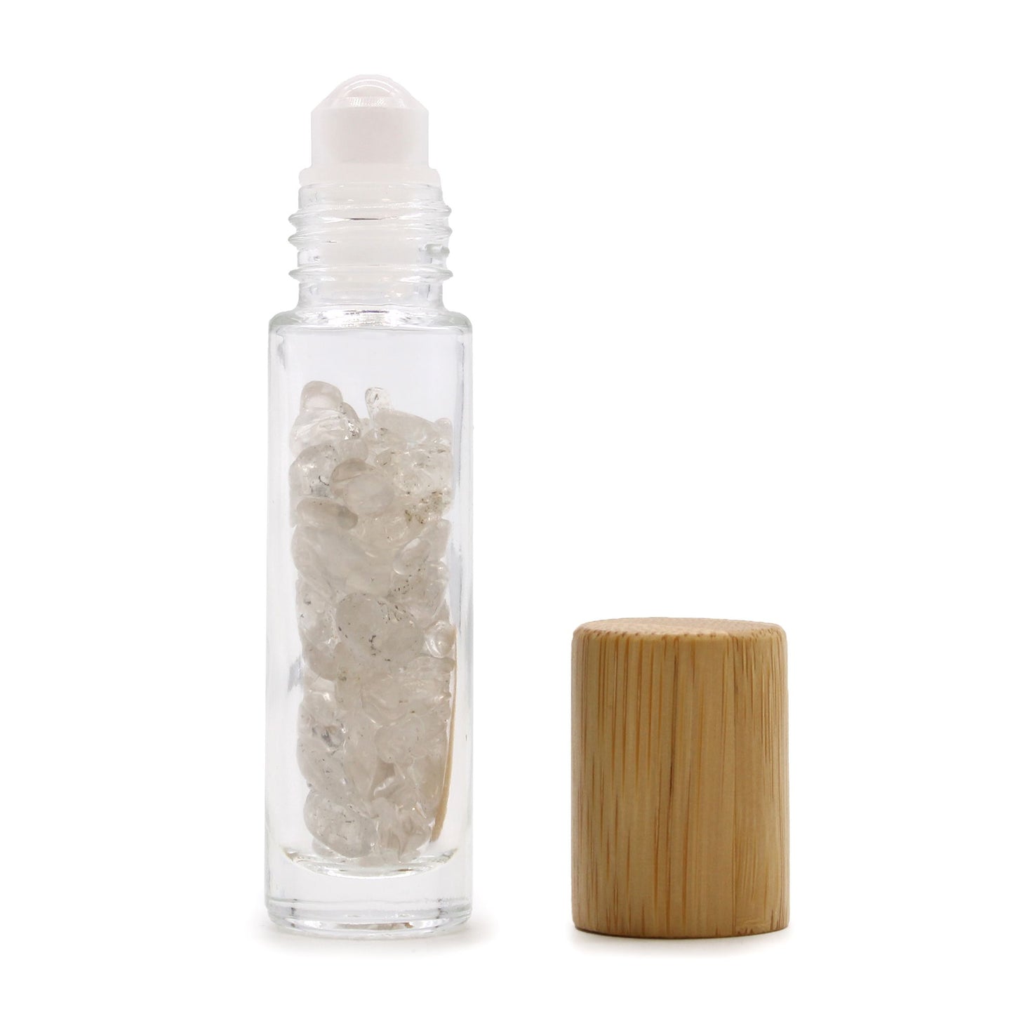 Drágakő illóolaj roll-on üveg - Hegyikristály - Fa kupak + Drágakő roll-on golyó 5 ml-es üveghez - Hegyikristály