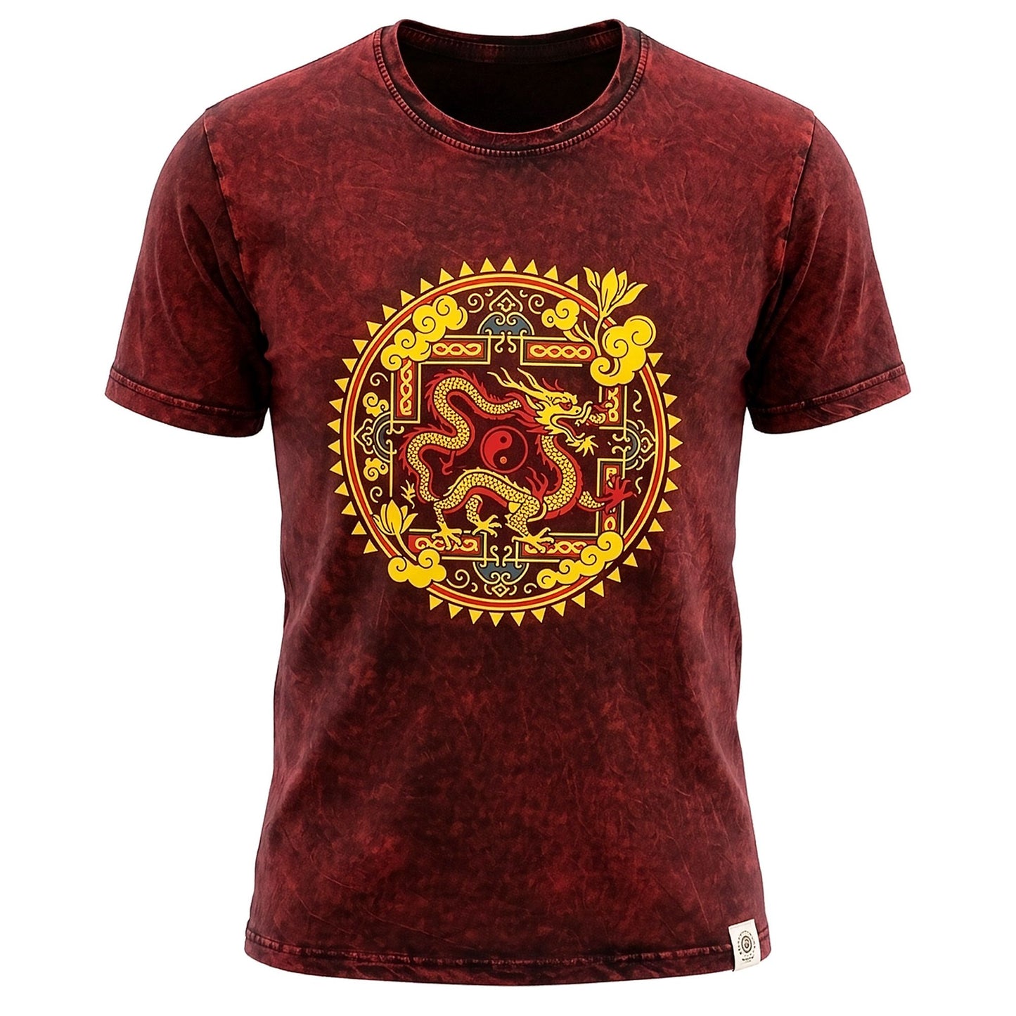 Nomad Szári Kőmosott Pamut Póló - Sárkány Mandala - Bordó - XL