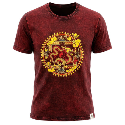 Nomad Szári Kőmosott Pamut Póló - Sárkány Mandala - Bordó - XL