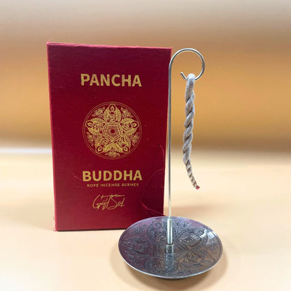 Kötélfüstölő és ezüstözött tartó szett – Pancha Buddha