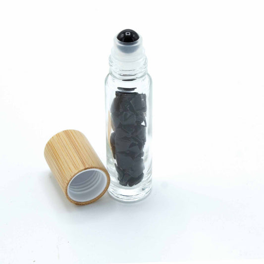 Drágakő illóolaj roll-on palack - Fekete Turmalin - Fa kupak + Drágakő roll-on golyó 5 ml-es palackhoz - Fekete Turmalin