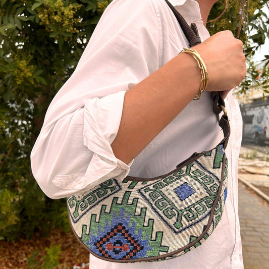 Jacquard Hobo táska - Geo-Geen (barna pánttal)