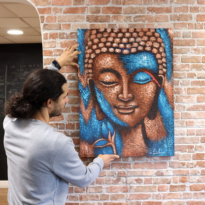 Buddha festmény – kék és arany virág, 75x55 cm