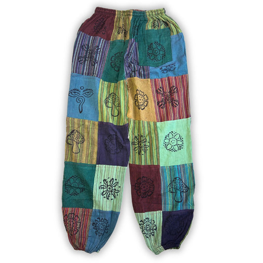 Nomad Sari Mushroom Pants - Block Print Designs - Green Tones