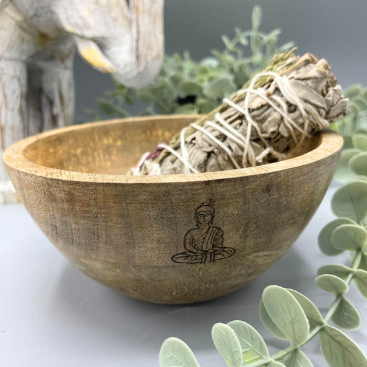 Fából készült füstölő- és rituális áldozati tál – Buddha – 14x7cm