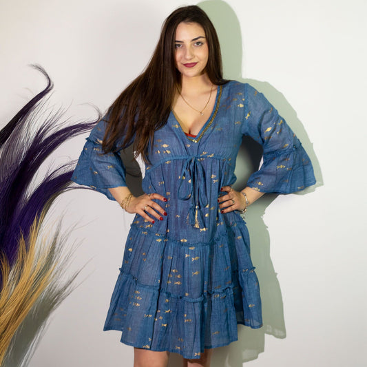 Nomad Sari On the Med Collection - Dress - Sea Blue & Gold Fish