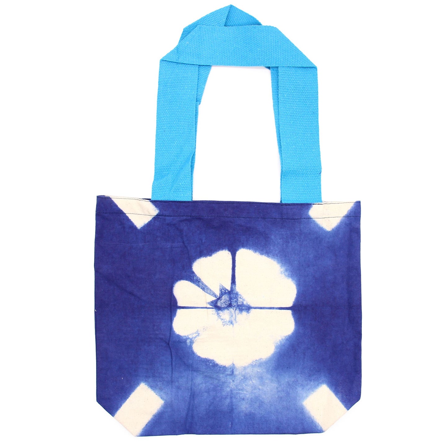Natúr batikolt pamut táska (8oz) - 38x42x12cm - Kék virág - Kék fogantyú
