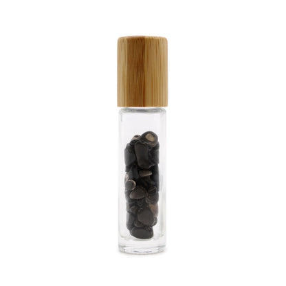 Gemstone Essential Oil Roller Bottle - Black Tourmaline  - Wooden Cap + Gemstone Roller Tip for 5ml Bottle - Black Tourmaline