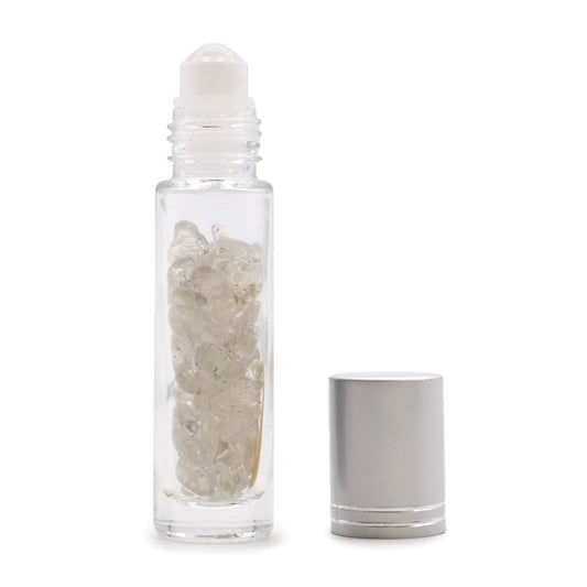 Drágakő illóolaj roll-on palack - Hegyikristály - Ezüst kupakkal + Drágakő roll-on fej 5 ml-es palackhoz - Hegyikristály